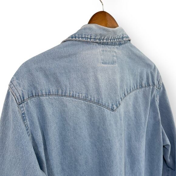 Wrangler 90s VTG Distressed Pearl Snap Denim Shirt Mens L Western Long Sleeve - Picture 11 of 16